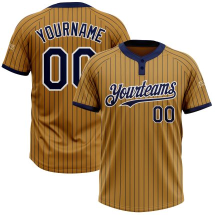 Personalized Old Gold Navy Pinstripe White Two-Button Unisex Softball Jersey Team Custom Name and Number