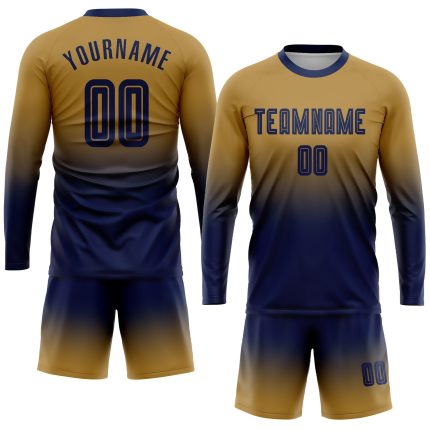 Personalized Old Gold Navy Sublimation Long Sleeve Fade Fashion Soccer Uniform Jersey Team Custom Name and Number