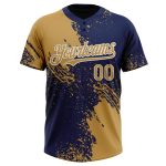 Personalized Old Gold Navy-White 3D Pattern Abstract Brush Stroke Two-Button Unisex Softball Jersey Team Custom Name and Number