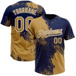 Personalized Old Gold Navy-White 3D Pattern Abstract Brush Stroke Two-Button Unisex Softball Jersey Team Custom Name and Number