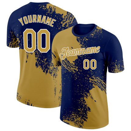 Personalized Old Gold Navy-White 3D Pattern Design Abstract Brush Stroke Performance T-Shirt Team Custom Name and Number