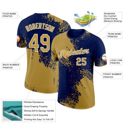 Personalized Old Gold Navy-White 3D Pattern Design Abstract Brush Stroke Performance T-Shirt Team Custom Name and Number