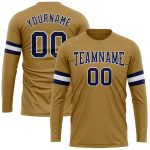 Personalized Old Gold Navy-White Long Sleeve Performance T-Shirt Team Custom Name and Number