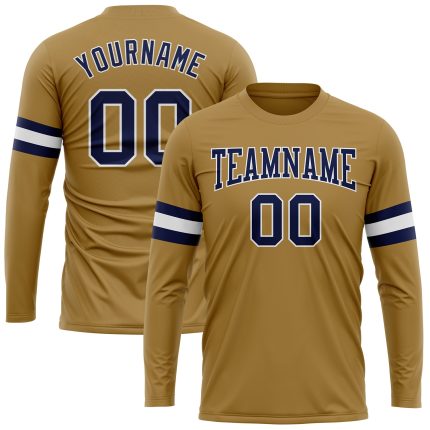 Personalized Old Gold Navy-White Long Sleeve Performance T-Shirt Team Custom Name and Number
