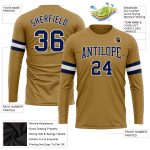 Personalized Old Gold Navy-White Long Sleeve Performance T-Shirt Team Custom Name and Number