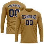 Personalized Old Gold Navy-White Long Sleeve Performance T-Shirt Team Custom Name and Number