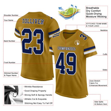 Personalized Old Gold Navy-White Mesh Authentic Football Jersey Team Custom Name and Number