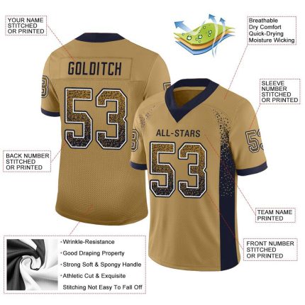 Personalized Old Gold Navy-White Mesh Drift Fashion Football Jersey Team Custom Name and Number