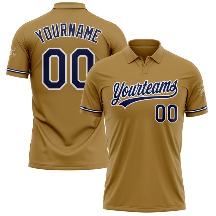 Personalized Old Gold Navy-White Performance Vapor Golf Polo Shirt Team Custom Name and Number