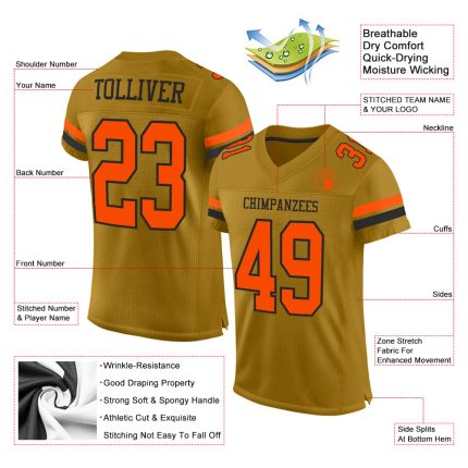Personalized Old Gold Orange-Black Mesh Authentic Football Jersey