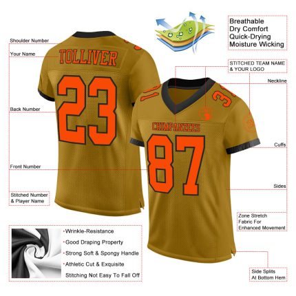 Personalized Old Gold Orange-Black Mesh Authentic Football Jersey Team Custom Name and Number