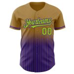 Personalized Old Gold Pinstripe Neon Green-Purple Authentic Fade Fashion Baseball Jersey Team Custom Name and Number
