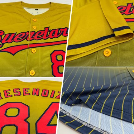 Personalized Old Gold Pinstripe Red-Navy Authentic Fade Fashion Baseball Jersey Team Custom Name and Number