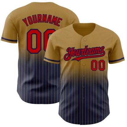 Personalized Old Gold Pinstripe Red-Navy Authentic Fade Fashion Baseball Jersey Team Custom Name and Number