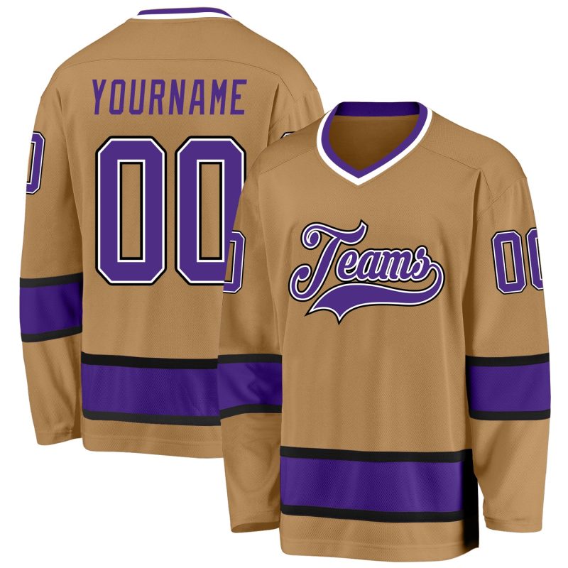 Personalized Old Gold Purple-Black Hockey Jersey Team Custom Name and Number