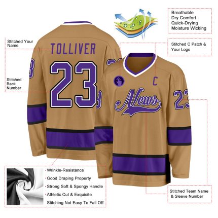Personalized Old Gold Purple-Black Hockey Jersey Team Custom Name and Number