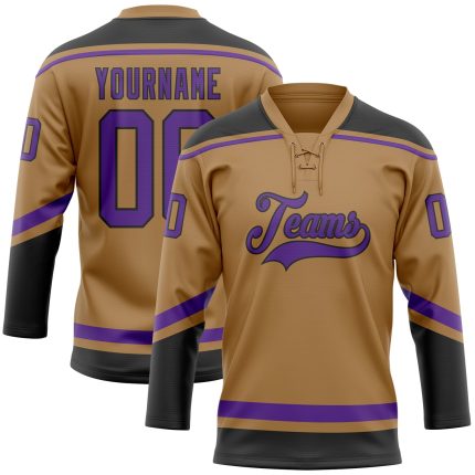 Personalized Old Gold Purple-Black Hockey Lace Neck Jersey Team Custom Name and Number