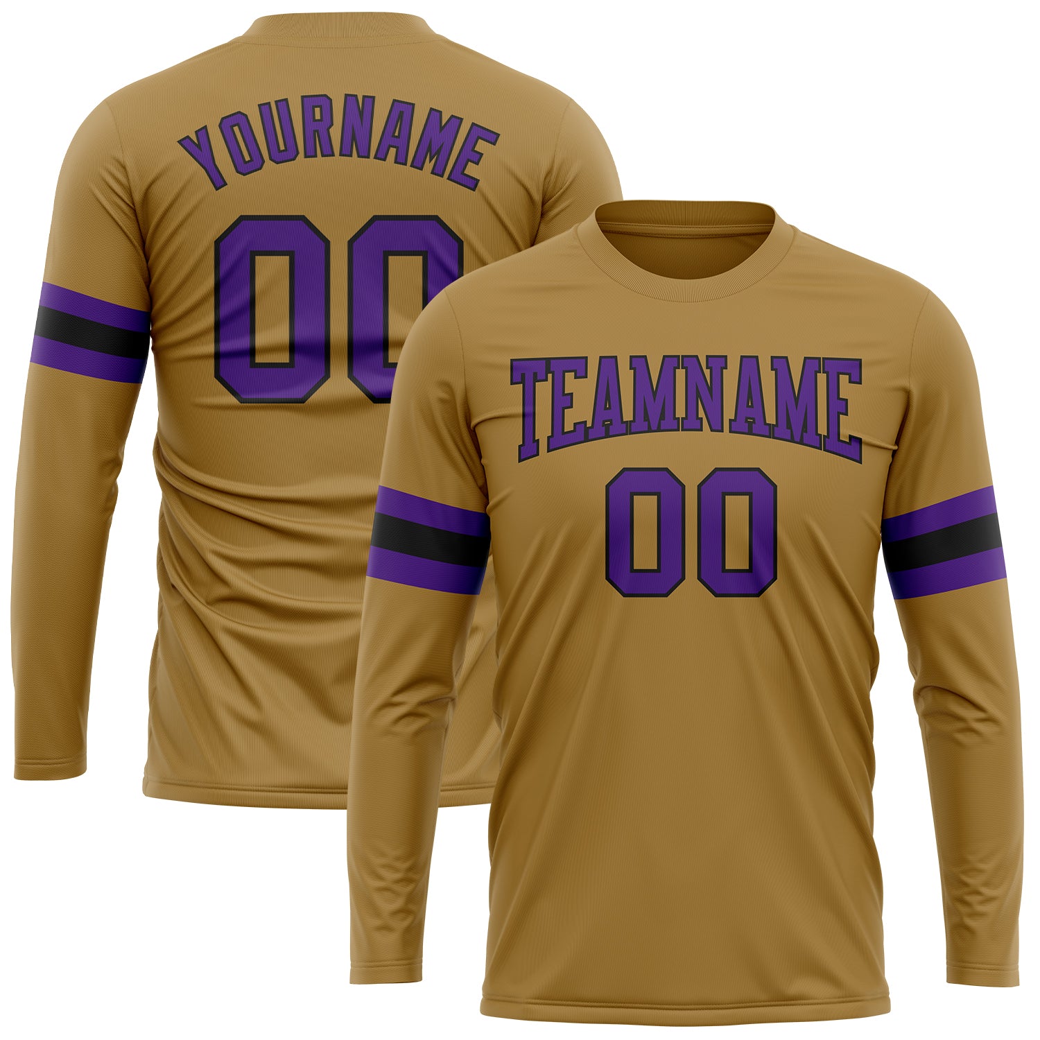 Personalized Old Gold Purple-Black Long Sleeve Performance T-Shirt Team Custom Name and Number