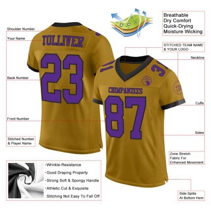 Personalized Old Gold Purple-Black Mesh Authentic Football Jersey