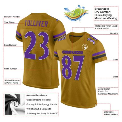 Personalized Old Gold Purple-Black Mesh Authentic Football Jersey Team Custom Name and Number