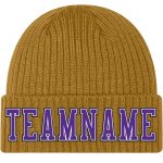 Personalized Old Gold Purple-Black Stitched Cuffed Knit Hat Team Custom Name and Number