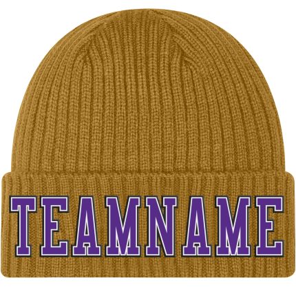 Personalized Old Gold Purple-Black Stitched Cuffed Knit Hat Team Custom Name and Number