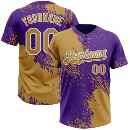 Personalized Old Gold Purple-White 3D Pattern Abstract Brush Stroke Two-Button Unisex Softball Jersey Team Custom Name and Number