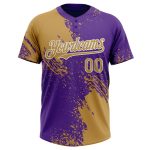Personalized Old Gold Purple-White 3D Pattern Abstract Brush Stroke Two-Button Unisex Softball Jersey Team Custom Name and Number
