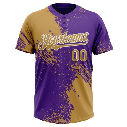 Personalized Old Gold Purple-White 3D Pattern Abstract Brush Stroke Two-Button Unisex Softball Jersey Team Custom Name and Number
