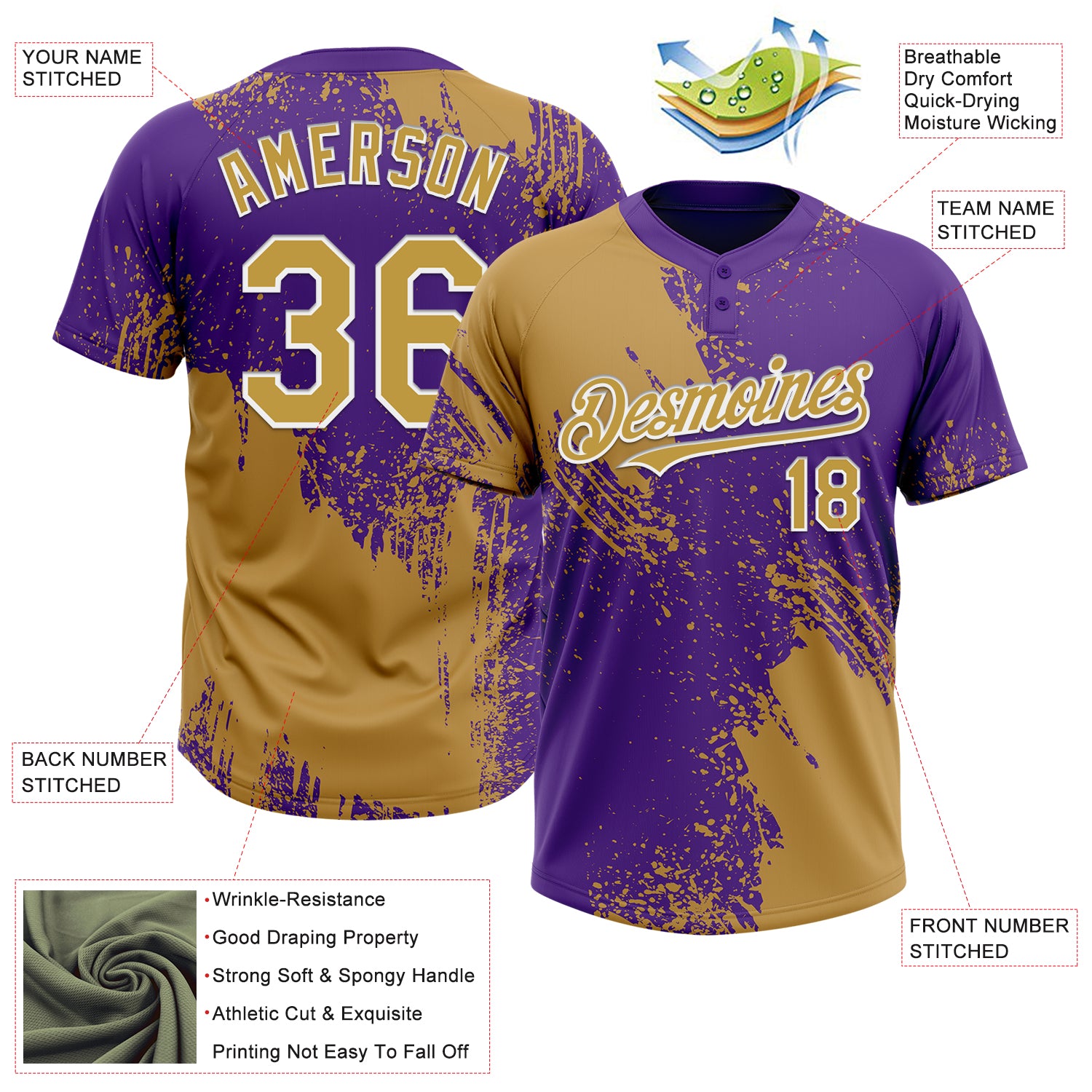 Personalized Old Gold Purple-White 3D Pattern Abstract Brush Stroke Two-Button Unisex Softball Jersey Team Custom Name and Number Personalized Old Gold Purple-White 3D Pattern Abstract Brush Stroke Two-Button Unisex Softball Jersey Team Custom Name and Number - Image 3