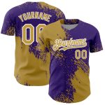 Personalized Old Gold Purple-White 3D Pattern Design Abstract Brush Stroke Authentic Baseball Jersey Team Custom Name and Number