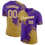 Personalized Old Gold Purple-White 3D Pattern Design Abstract Brush Stroke Performance T-Shirt Team Custom Name and Number