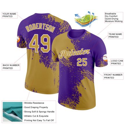 Personalized Old Gold Purple-White 3D Pattern Design Abstract Brush Stroke Performance T-Shirt Team Custom Name and Number