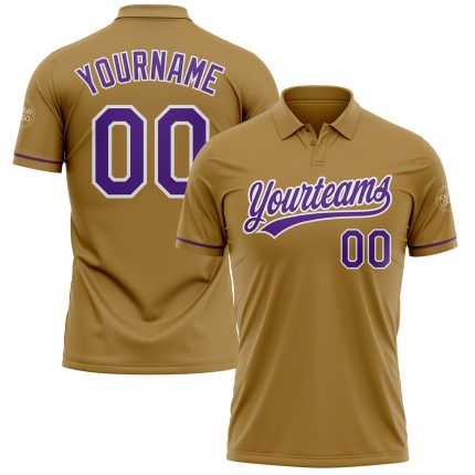 Personalized Old Gold Purple-White Performance Vapor Golf Polo Shirt Team Custom Name and Number