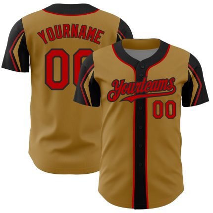 Personalized Old Gold Red-Black 3 Colors Arm Shapes Authentic Baseball Jersey Team Custom Name and Number