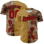 Personalized Old Gold Red-Black 3D Pattern Design Gothic Style Rose Authentic Baseball Jersey Team Custom Name and Number
