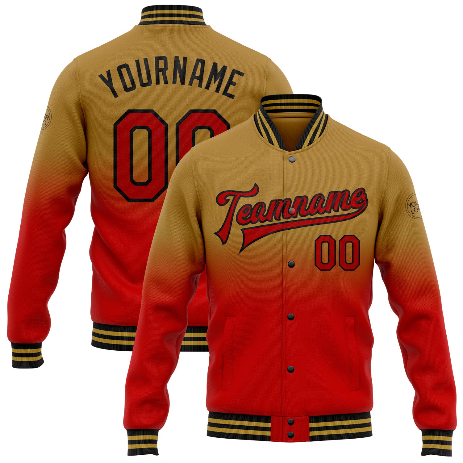 Personalized Old Gold Red-Black Bomber Full-Snap Varsity Letterman Fade Fashion Jacket Team Custom Name and Number