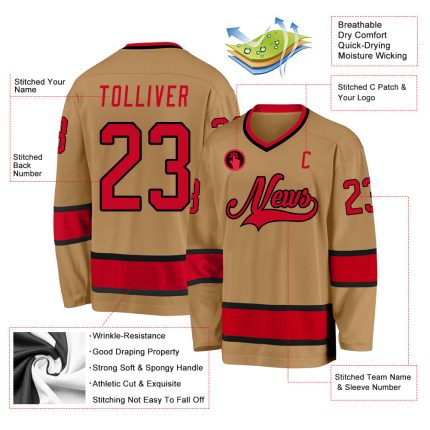 Personalized Old Gold Red-Black Hockey Jersey Team Custom Name and Number