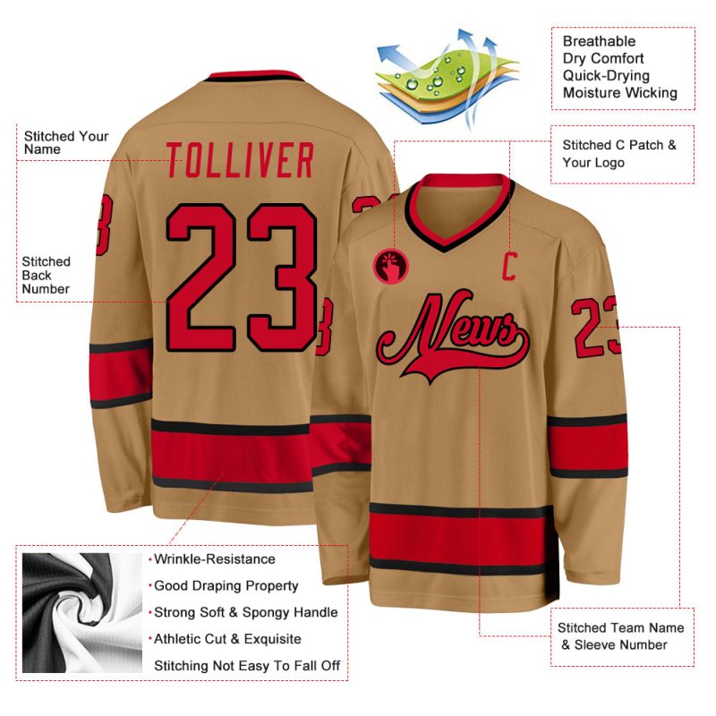 Personalized Old Gold Red-Black Hockey Jersey Team Custom Name and Number