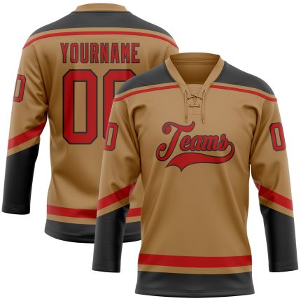 Personalized Old Gold Red-Black Hockey Lace Neck Jersey Team Custom Name and Number