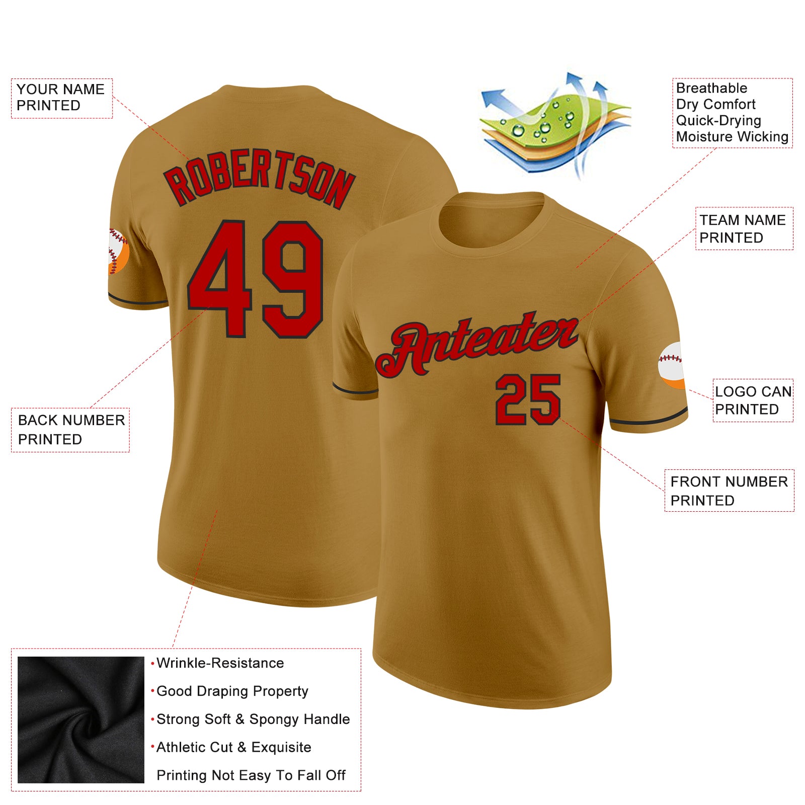 Personalized Old Gold Red-Black Performance T-Shirt Team Custom Name and Number Personalized Old Gold Red-Black Performance T-Shirt Team Custom Name and Number - Image 2