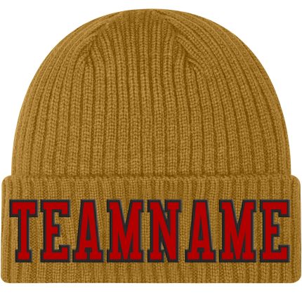 Personalized Old Gold Red-Black Stitched Cuffed Knit Hat Team Custom Name and Number