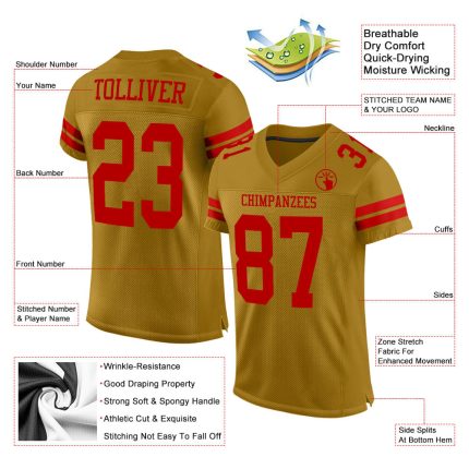 Personalized Old Gold Red Mesh Authentic Football Jersey Team Custom Name and Number