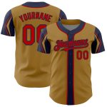 Personalized Old Gold Red-Navy 3 Colors Arm Shapes Authentic Baseball Jersey Team Custom Name and Number