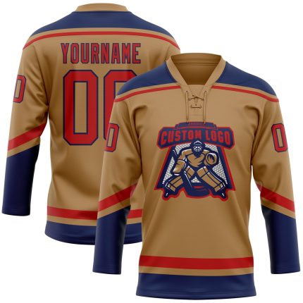 Personalized Old Gold Red-Navy Hockey Lace Neck Jersey Team Custom Name and Number