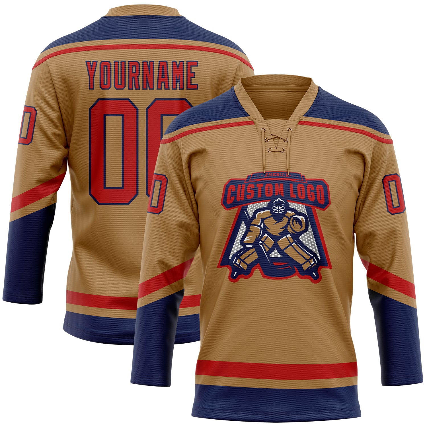 Personalized Old Gold Red-Navy Hockey Lace Neck Jersey Team Custom Name and Number Personalized Old Gold Red-Navy Hockey Lace Neck Jersey Team Custom Name and Number - Image 2