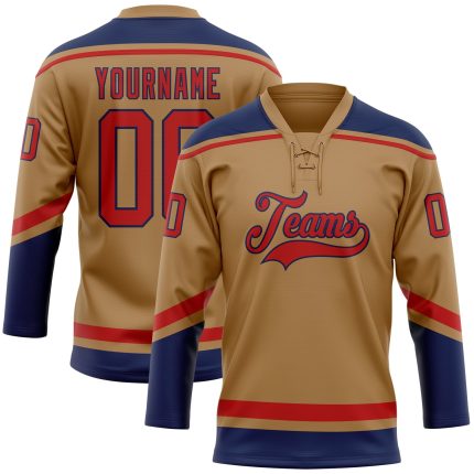 Personalized Old Gold Red-Navy Hockey Lace Neck Jersey Team Custom Name and Number