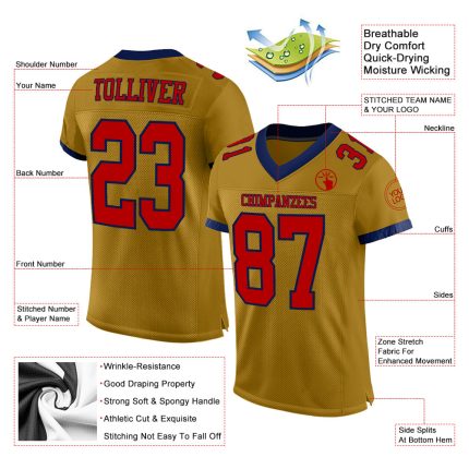 Personalized Old Gold Red-Navy Mesh Authentic Football Jersey