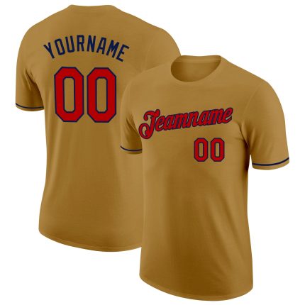 Personalized Old Gold Red-Navy Performance T-Shirt Team Custom Name and Number