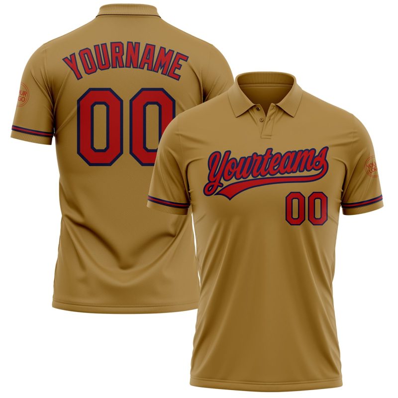 Personalized Old Gold Red-Navy Performance Vapor Golf Polo Shirt Team Custom Name and Number